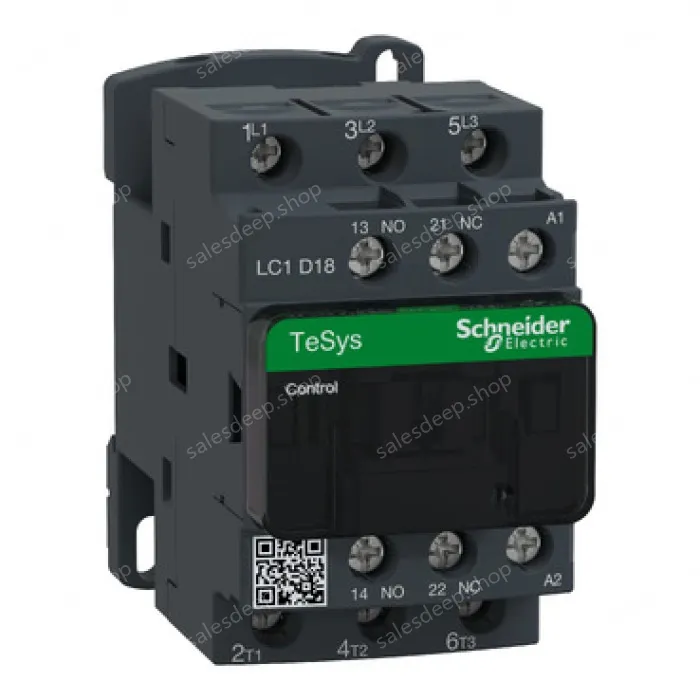 LC1D18B7 IEC contactor, TeSys Deca, nonreversing, 18A, 10HP at 480VAC, up to 100kA SCCR, 3 phase, 3 NO, 24VAC 50/60Hz coil, open
