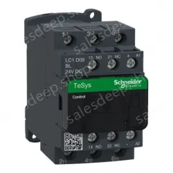 LC1D09BL IEC contactor, TeSys Deca, nonreversing, 9A, 5HP at 480VAC, up to 100kA SCCR, 3 phase, 3 NO, low consumption 24VDC coil